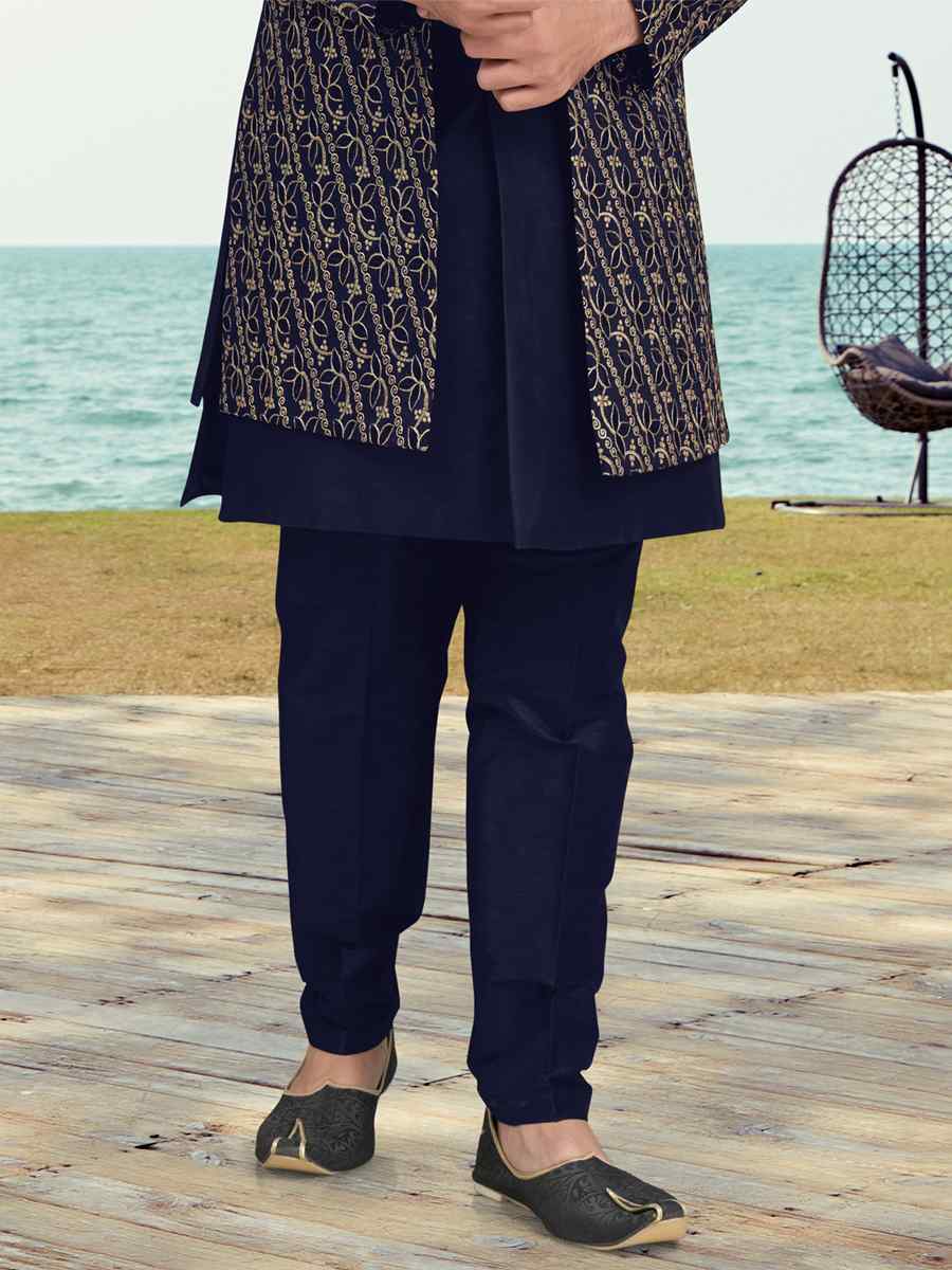 Navy Blue Banarasi Silk Embroidered Wedding Festival Sherwani