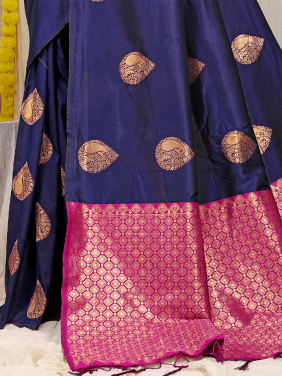 Navy Blue Banarasi Silk Handwoven Festival Casual Heavy Border Saree