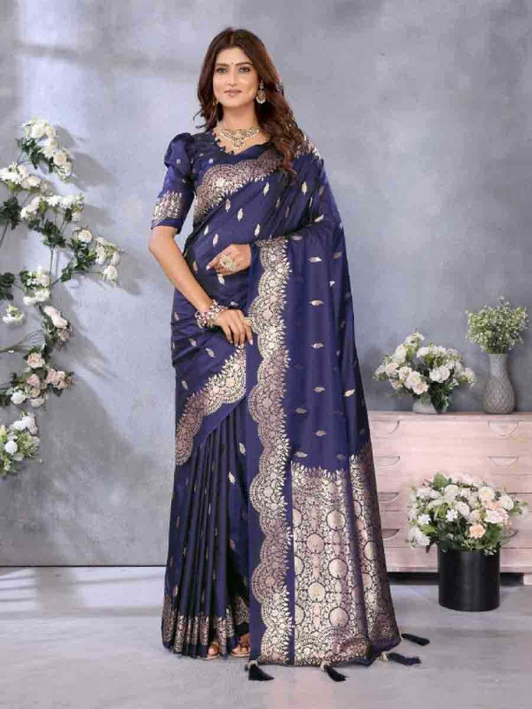 Navy Blue Banarasi Silk Handwoven Festival Wedding Fancy Heavy Border Saree