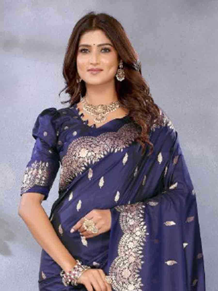 Navy Blue Banarasi Silk Handwoven Festival Wedding Fancy Heavy Border Saree