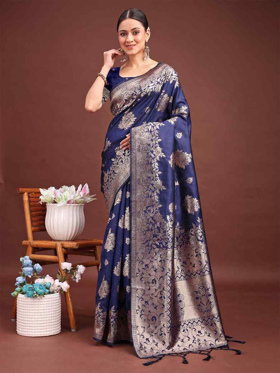 Navy Blue Banarasi Silk Handwoven Festival Wedding Fancy Heavy Border Saree