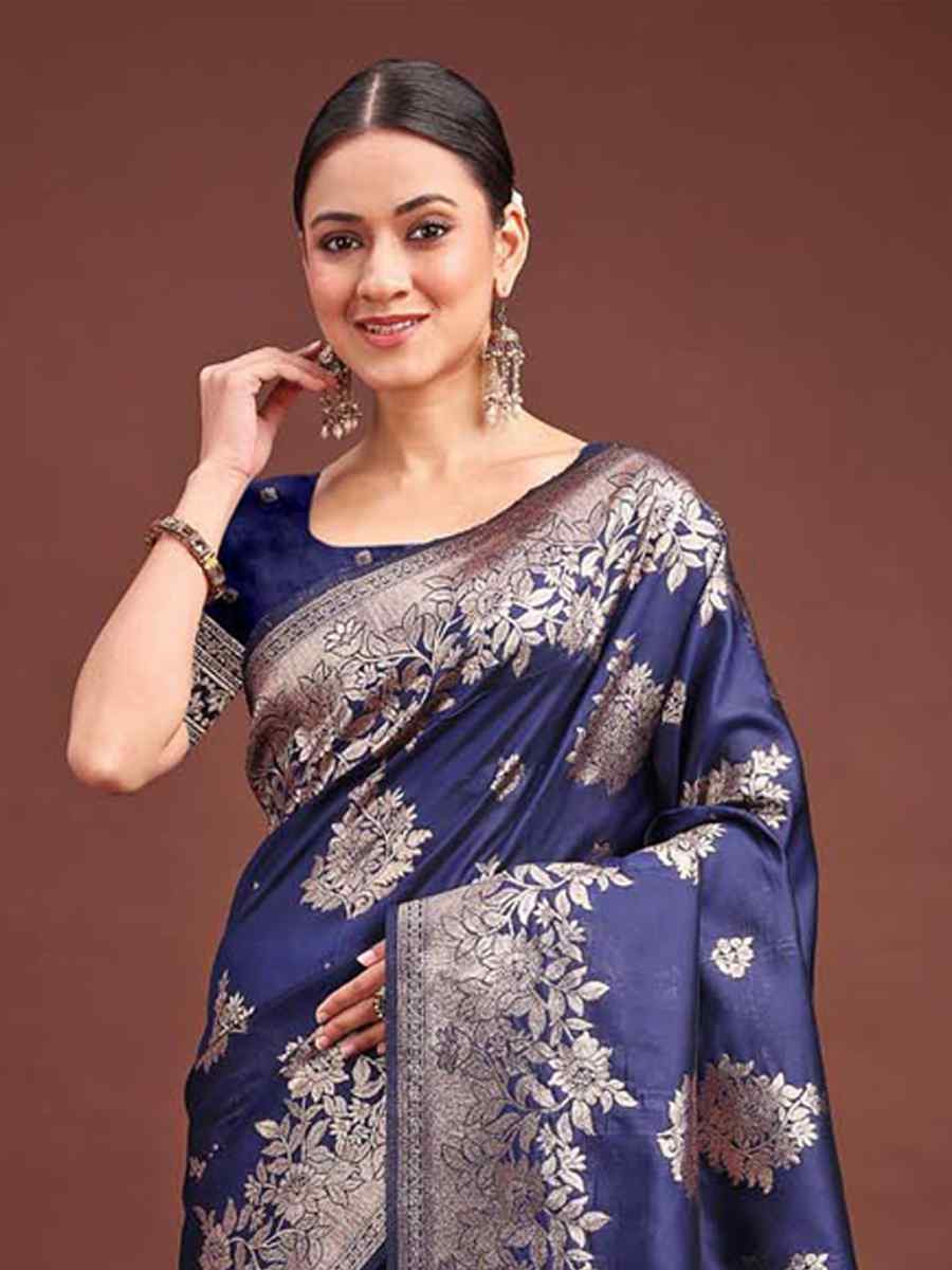 Navy Blue Banarasi Silk Handwoven Festival Wedding Fancy Heavy Border Saree