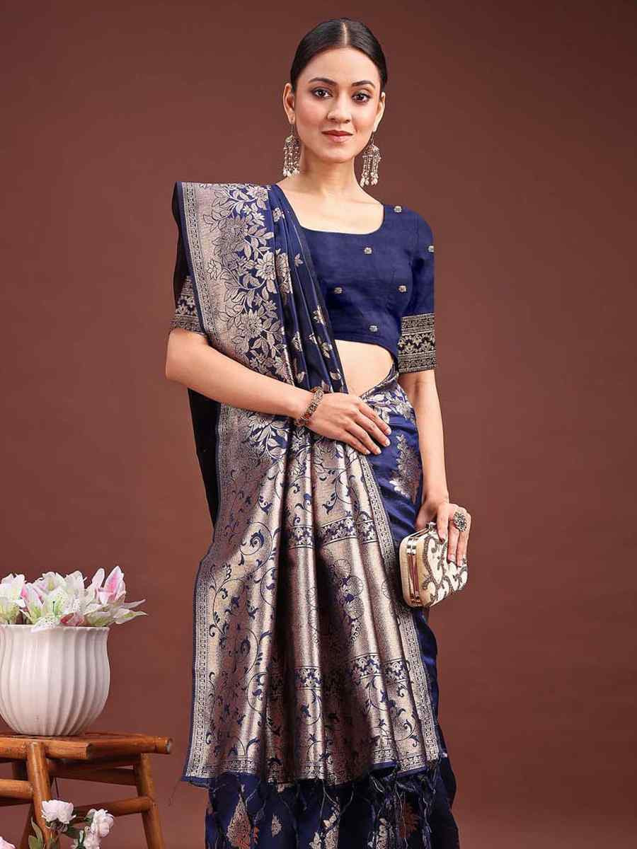 Navy Blue Banarasi Silk Handwoven Festival Wedding Fancy Heavy Border Saree