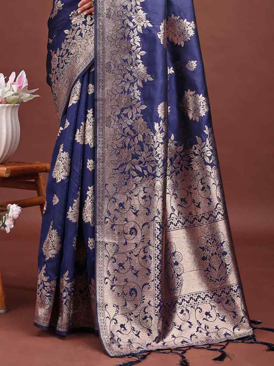 Navy Blue Banarasi Silk Handwoven Festival Wedding Fancy Heavy Border Saree