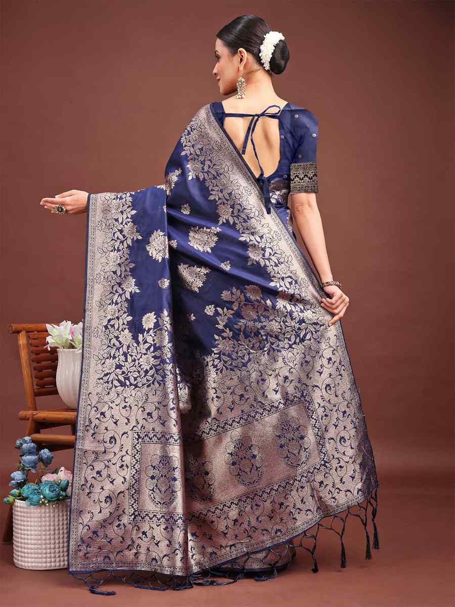Navy Blue Banarasi Silk Handwoven Festival Wedding Fancy Heavy Border Saree