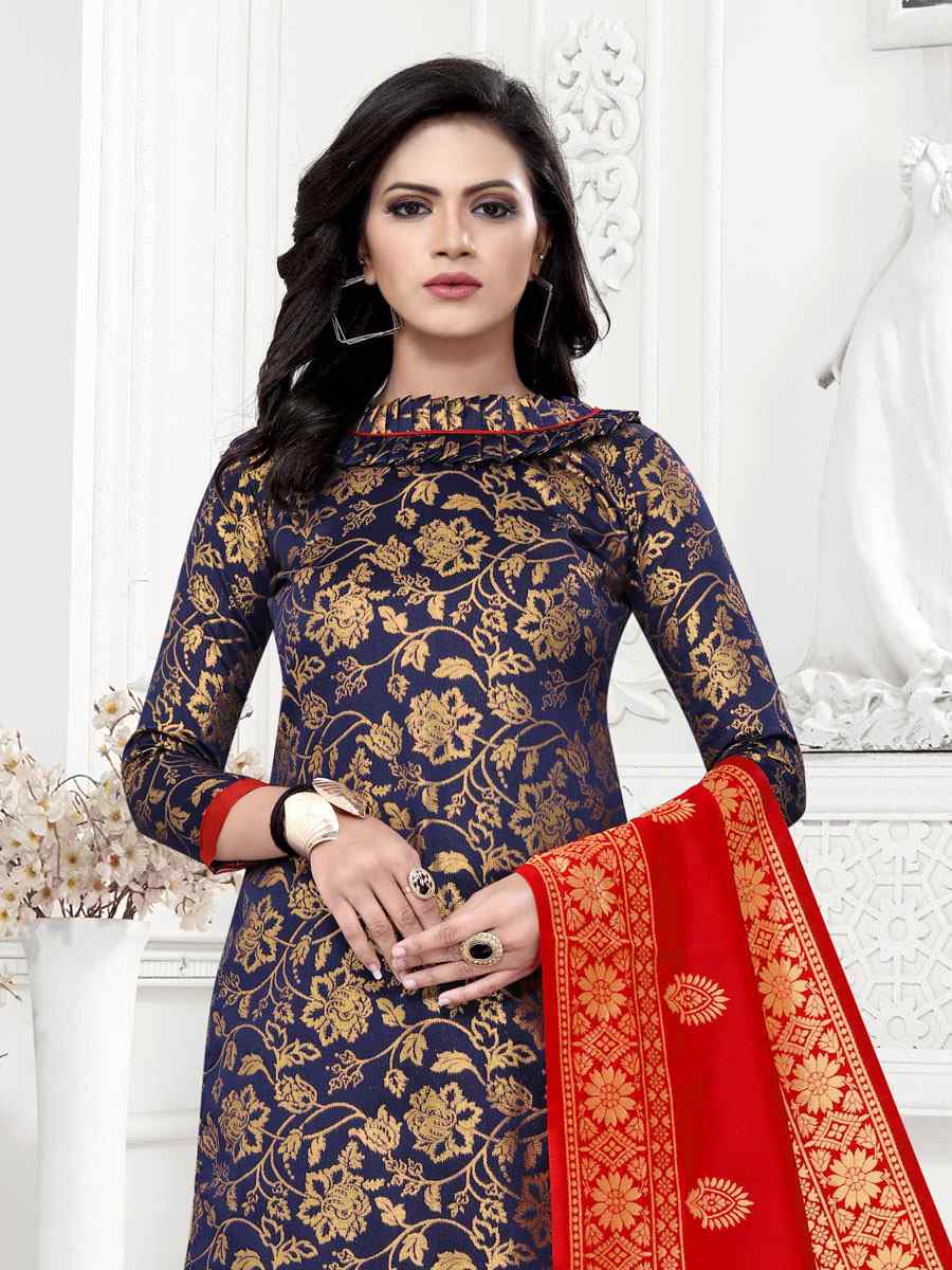 Navy Blue Banarasi Silk Handwoven Wedding Festival Churidar Salwar Kameez