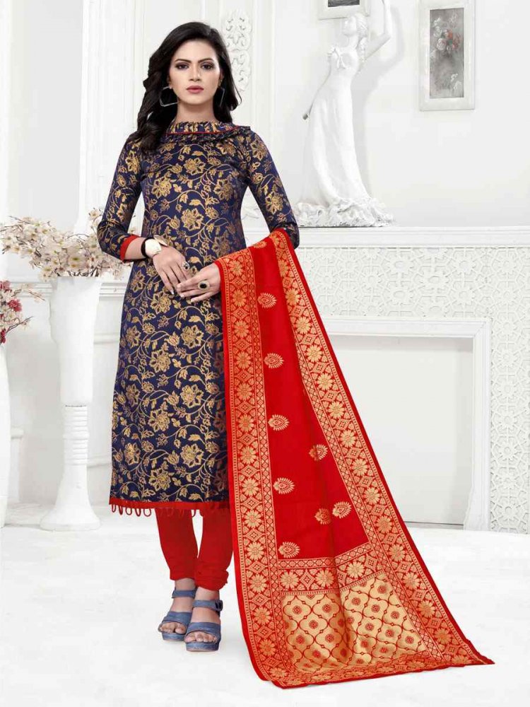 Navy Blue Banarasi Silk Handwoven Wedding Festival Churidar Salwar Kameez