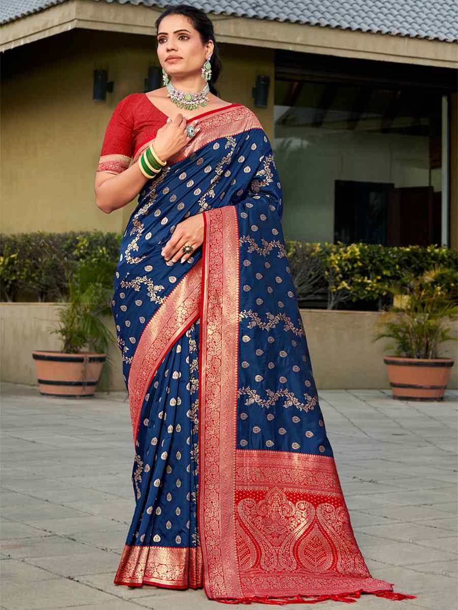 Navy Blue Banarasi Silk Handwoven Wedding Festival Heavy Border Saree