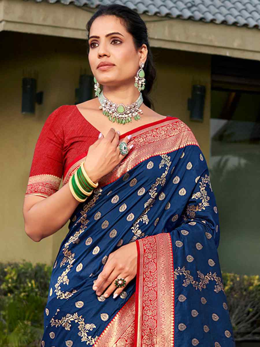 Navy Blue Banarasi Silk Handwoven Wedding Festival Heavy Border Saree