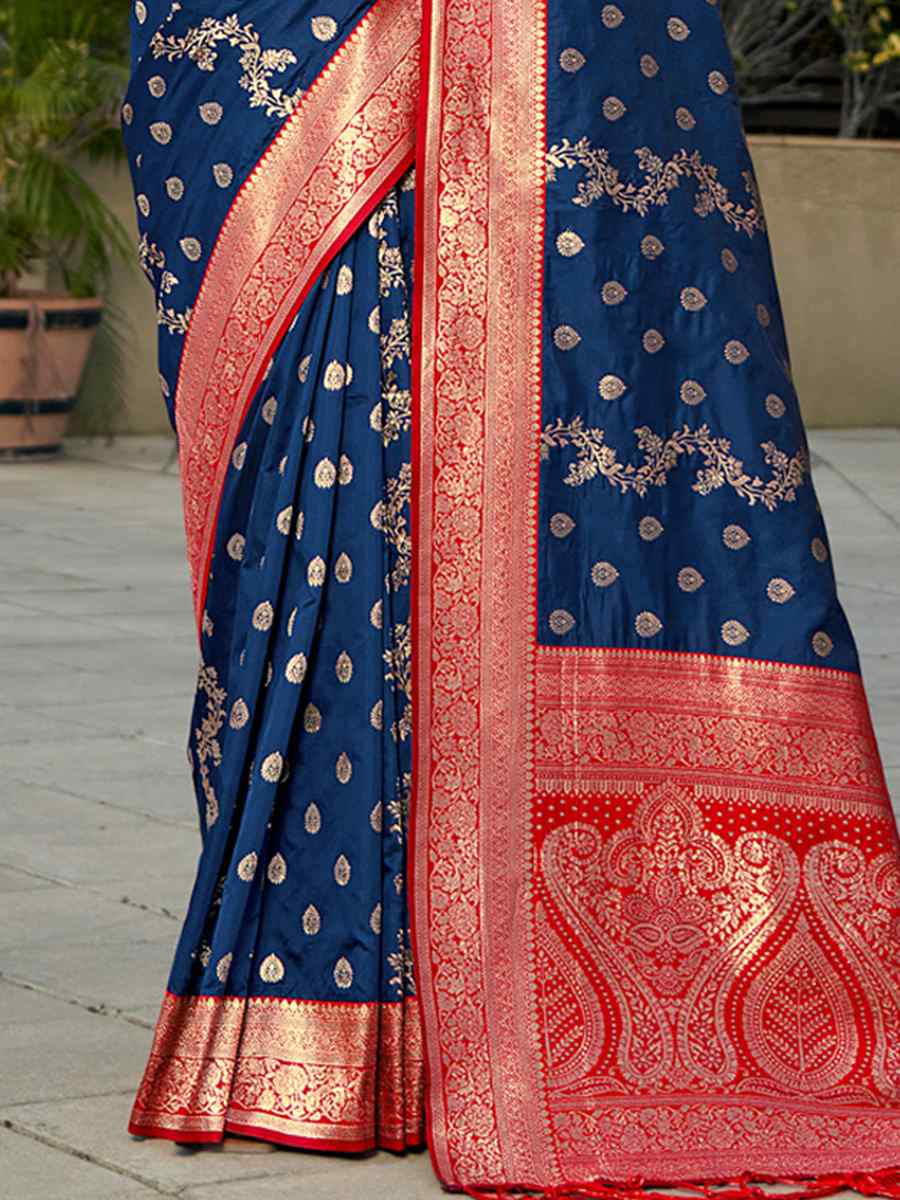 Navy Blue Banarasi Silk Handwoven Wedding Festival Heavy Border Saree