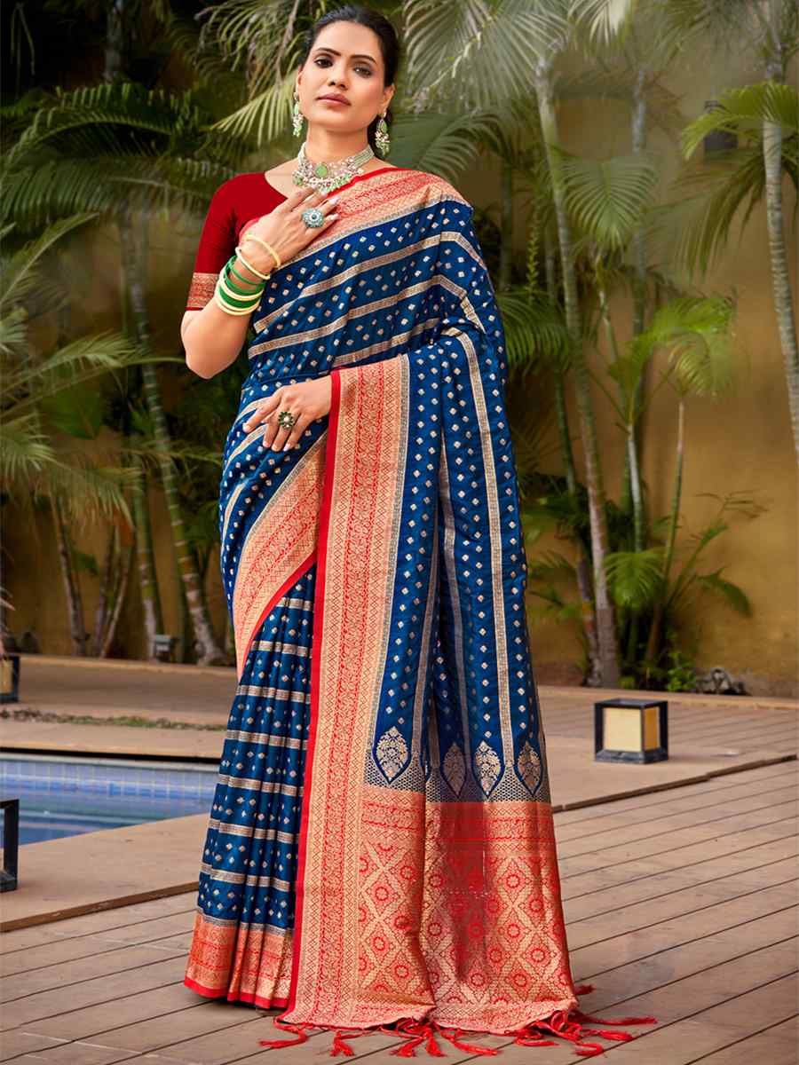 Navy Blue Banarasi Silk Handwoven Wedding Festival Heavy Border Saree