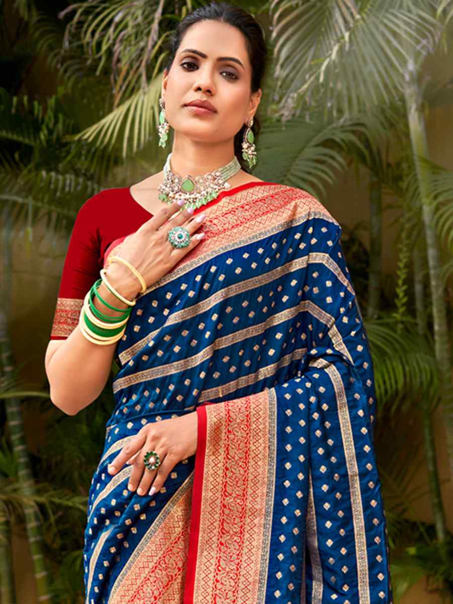 Navy Blue Banarasi Silk Handwoven Wedding Festival Heavy Border Saree