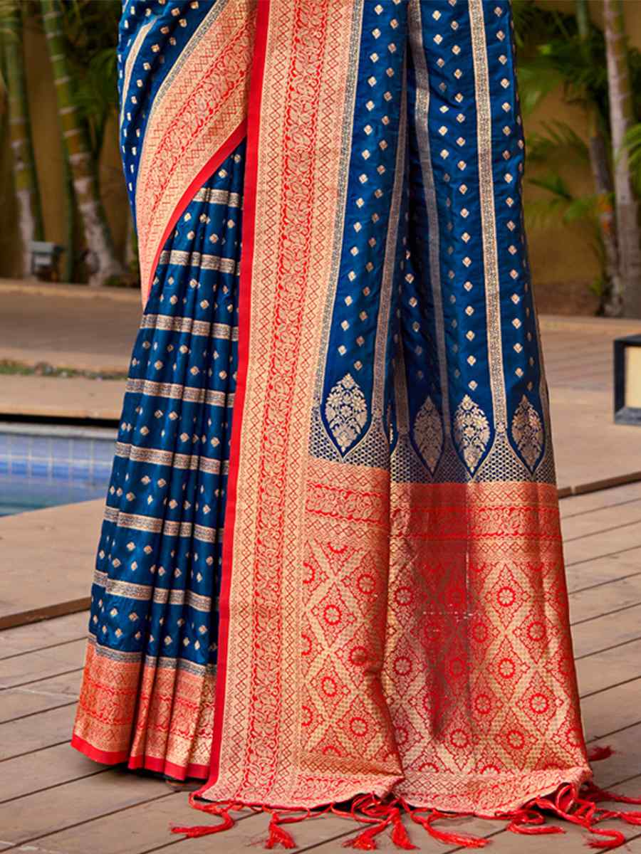Navy Blue Banarasi Silk Handwoven Wedding Festival Heavy Border Saree