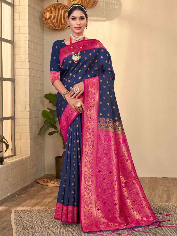 Navy Blue Banarasi Silk Handwoven Wedding Festival Heavy Border Saree