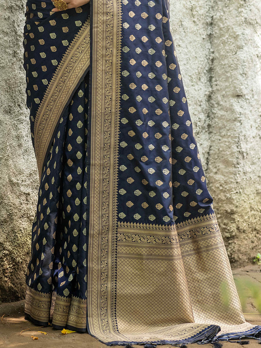 Navy Blue Banarasi Silk Handwoven Wedding Festival Heavy Border Saree