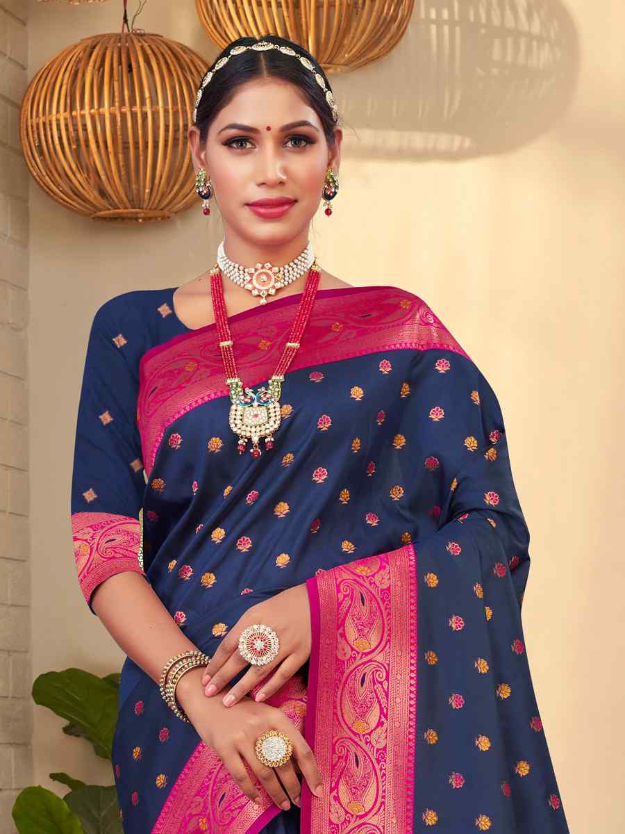 Navy Blue Banarasi Silk Handwoven Wedding Festival Heavy Border Saree