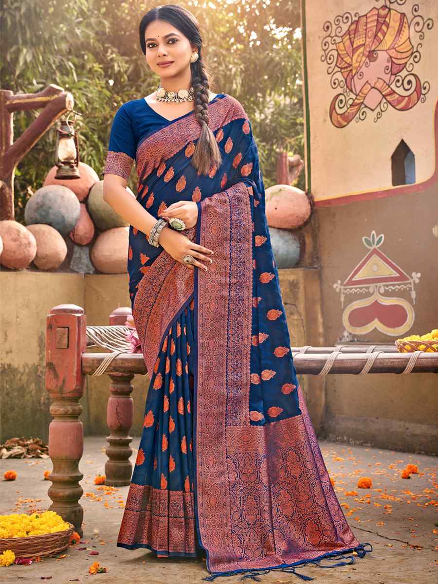 Navy Blue Banarasi Silk Handwoven Wedding Festival Heavy Border Saree