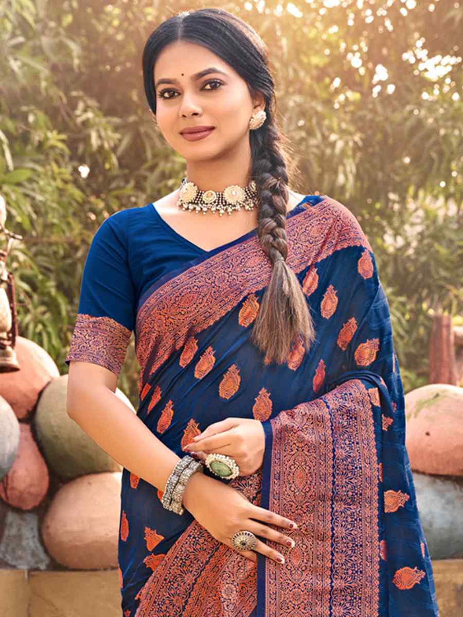 Navy Blue Banarasi Silk Handwoven Wedding Festival Heavy Border Saree