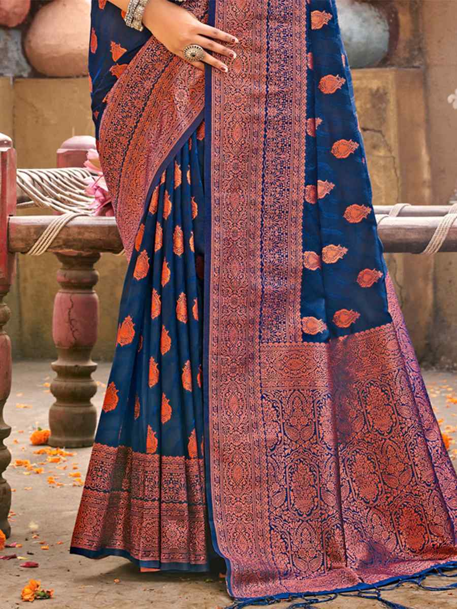 Navy Blue Banarasi Silk Handwoven Wedding Festival Heavy Border Saree