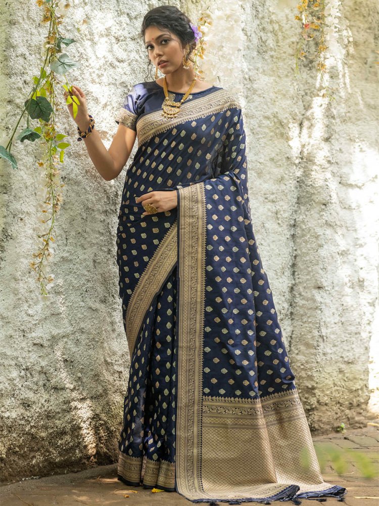 Navy Blue Banarasi Silk Handwoven Wedding Festival Heavy Border Saree