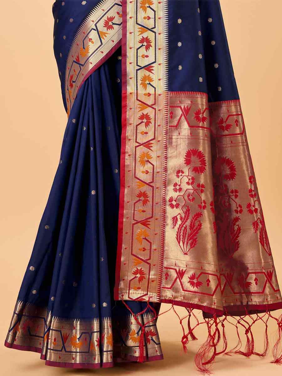 Navy Blue Banarasi Silk Handwoven Wedding Festival Heavy Border Saree