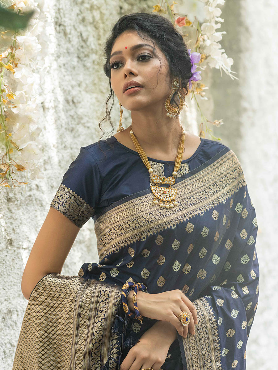 Navy Blue Banarasi Silk Handwoven Wedding Festival Heavy Border Saree