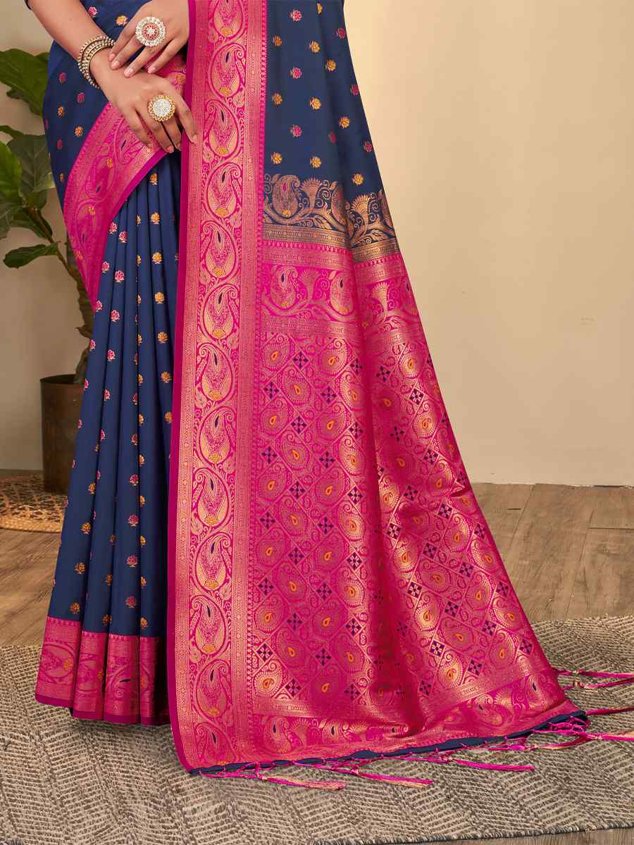 Navy Blue Banarasi Silk Handwoven Wedding Festival Heavy Border Saree