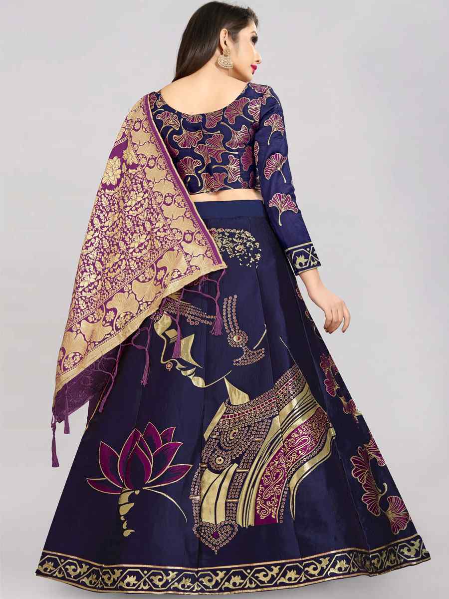 Navy Blue Banarasi Silk Jacquard Embroidered Festival Wedding Circular Lehenga Choli