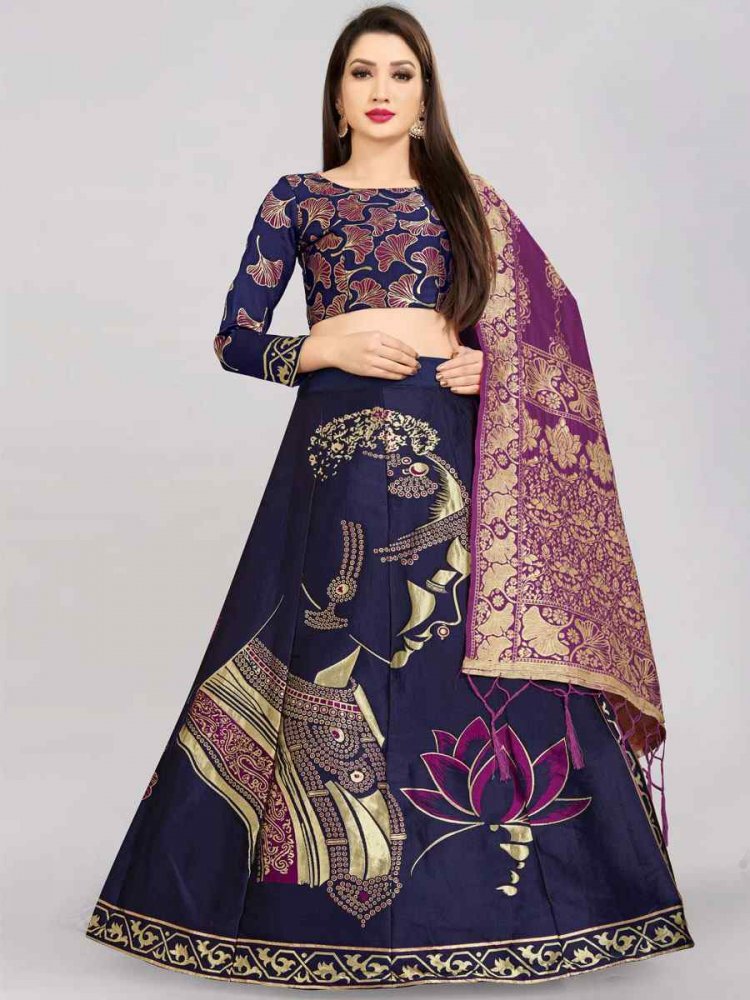 Navy Blue Banarasi Silk Jacquard Embroidered Festival Wedding Circular Lehenga Choli