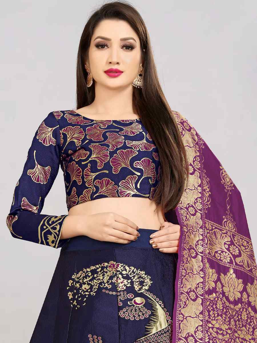 Navy Blue Banarasi Silk Jacquard Embroidered Festival Wedding Circular Lehenga Choli