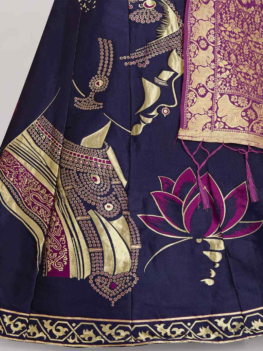 Navy Blue Banarasi Silk Jacquard Embroidered Festival Wedding Circular Lehenga Choli
