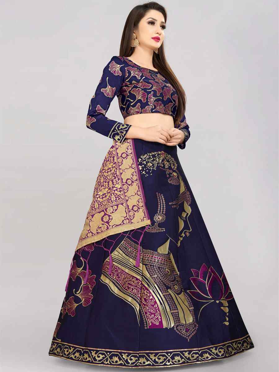 Navy Blue Banarasi Silk Jacquard Embroidered Festival Wedding Circular Lehenga Choli