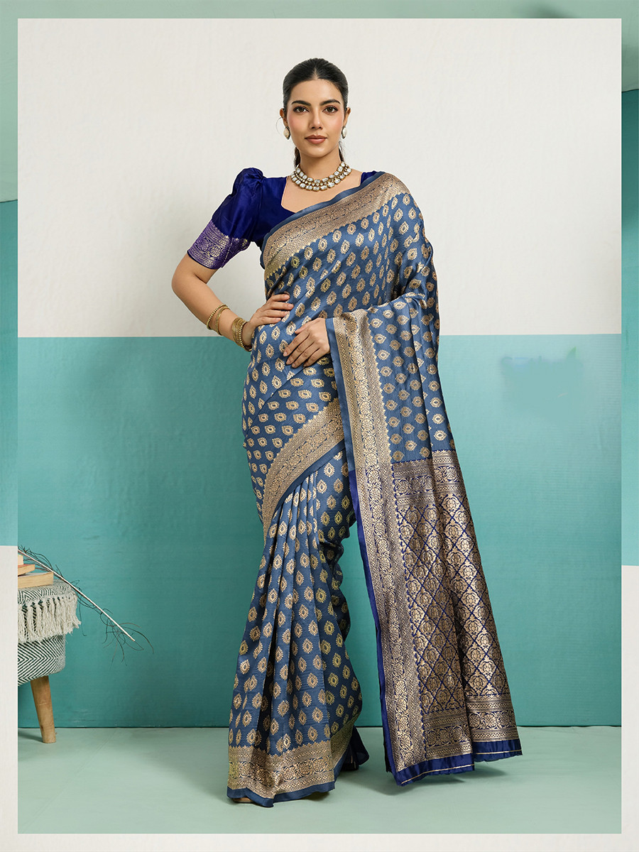 Navy Blue Banarasi Silk Zari Kanjivaram Handwoven Wedding Party Festival Reception Heavy Border Saree