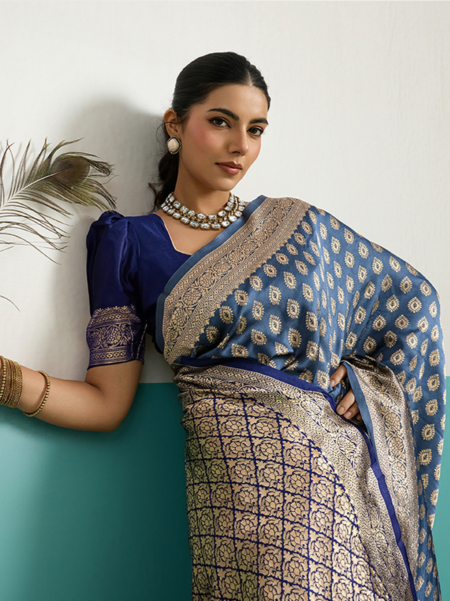 Navy Blue Banarasi Silk Zari Kanjivaram Handwoven Wedding Party Festival Reception Heavy Border Saree