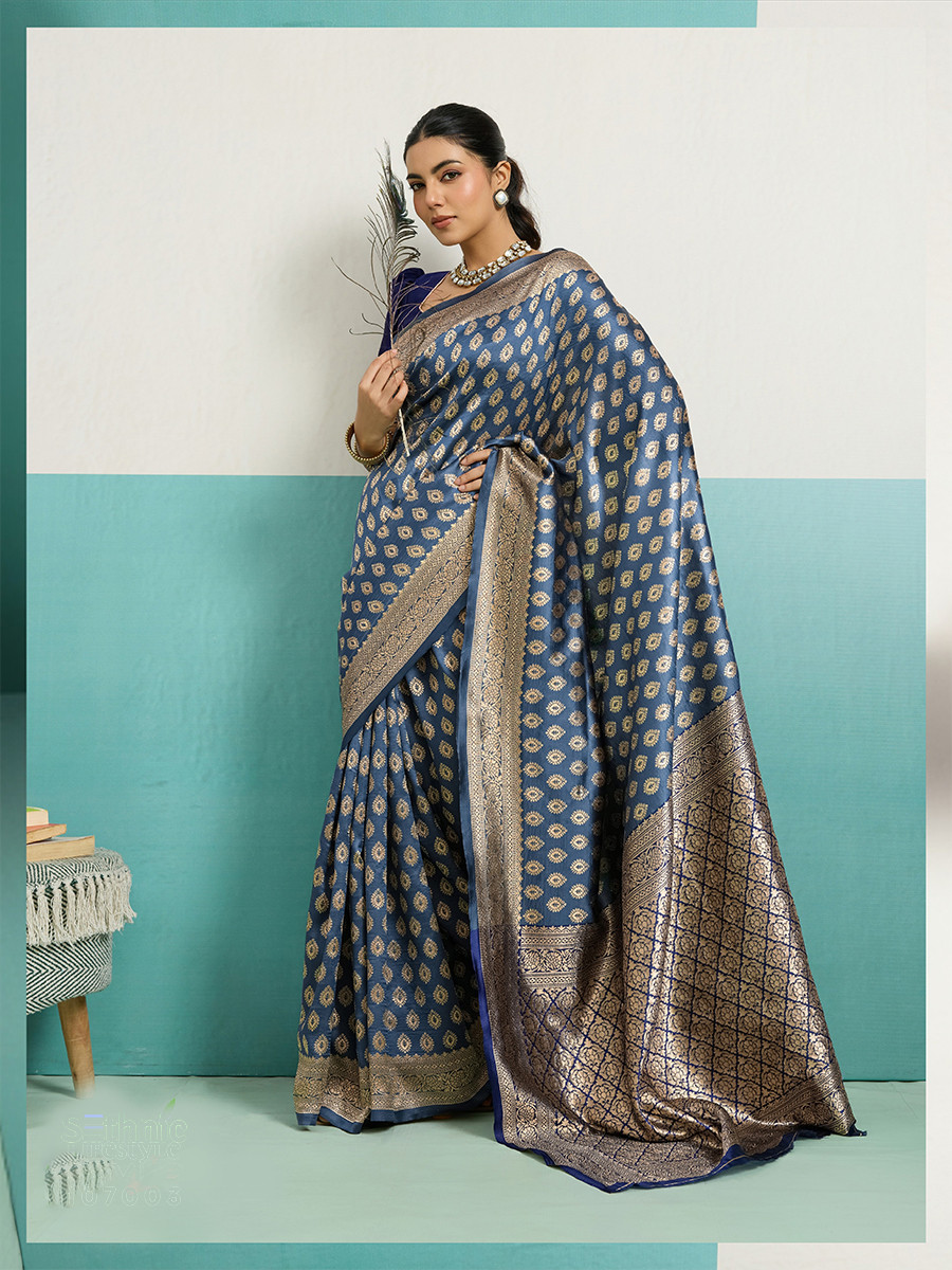 Navy Blue Banarasi Silk Zari Kanjivaram Handwoven Wedding Party Festival Reception Heavy Border Saree