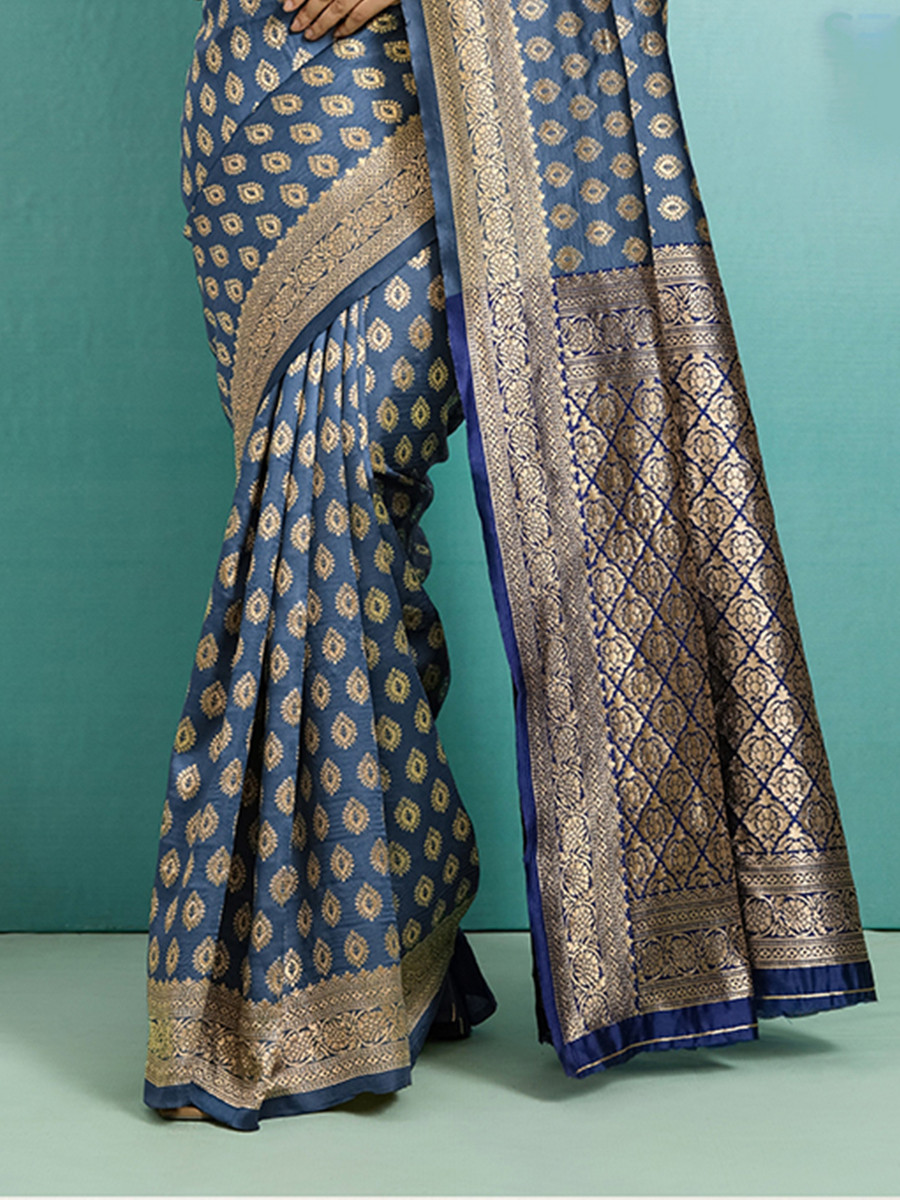 Navy Blue Banarasi Silk Zari Kanjivaram Handwoven Wedding Party Festival Reception Heavy Border Saree