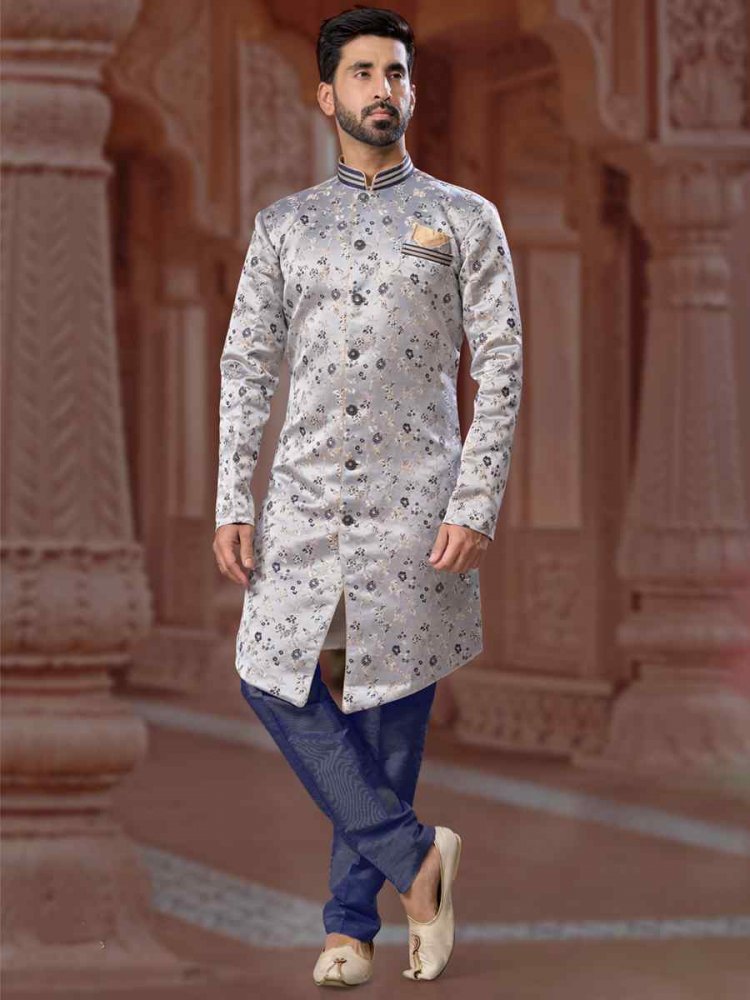 Navy Blue Banarasi Soft Jacquard Embroidered Groom Wedding Sherwani