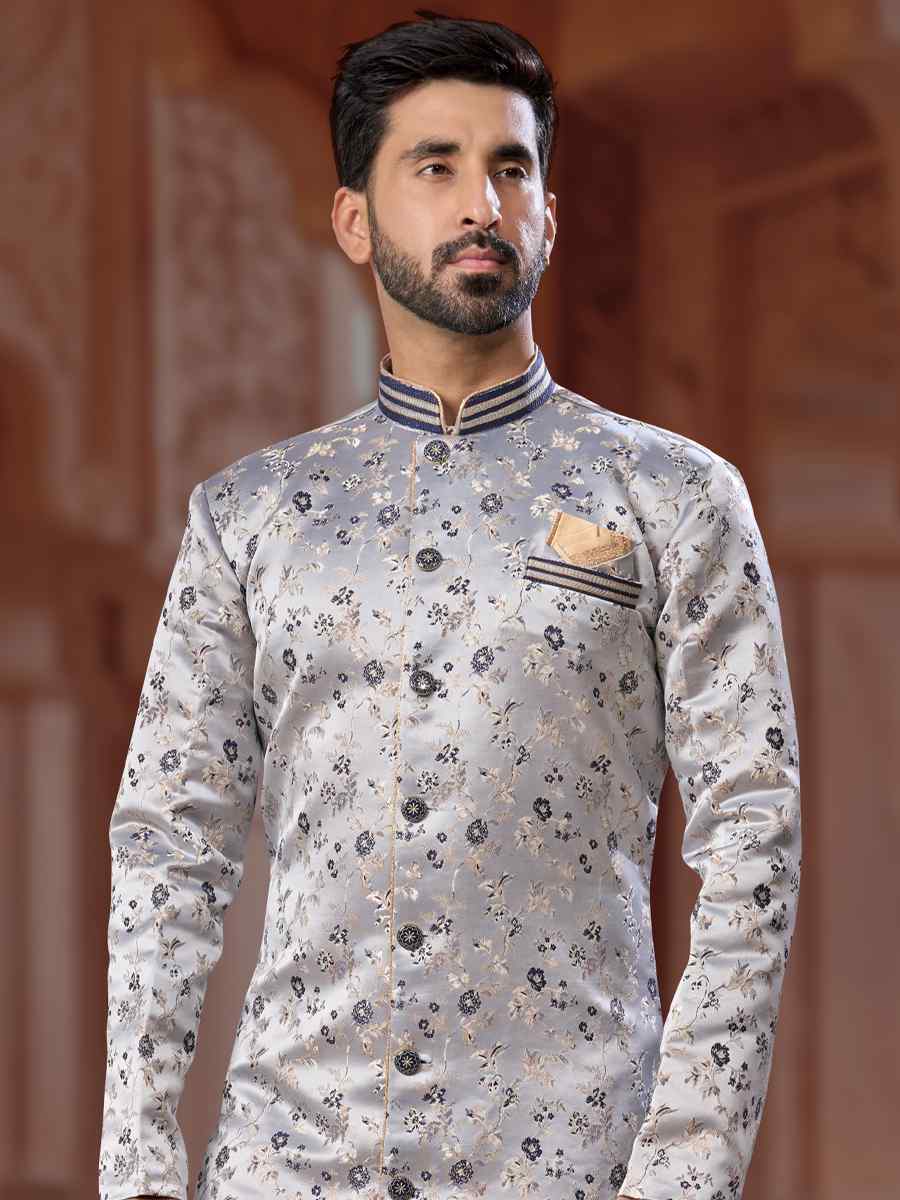 Navy Blue Banarasi Soft Jacquard Embroidered Groom Wedding Sherwani