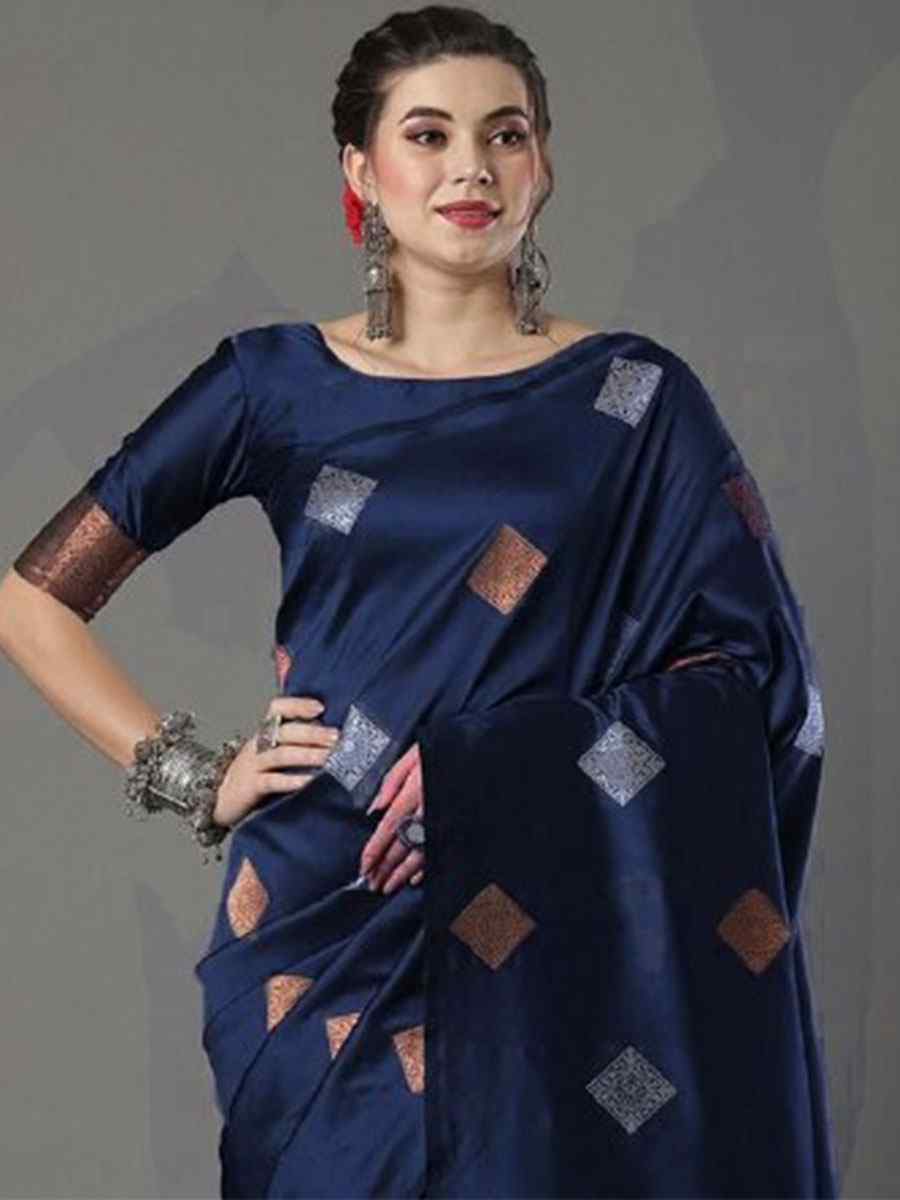 Navy Blue Banarasi Soft Silk Handwoven Casual Festival Classic Style Saree