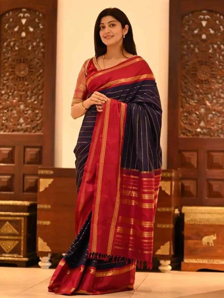 Navy Blue Banarasi Soft Silk Handwoven Festival Wedding Fancy Heavy Border Saree