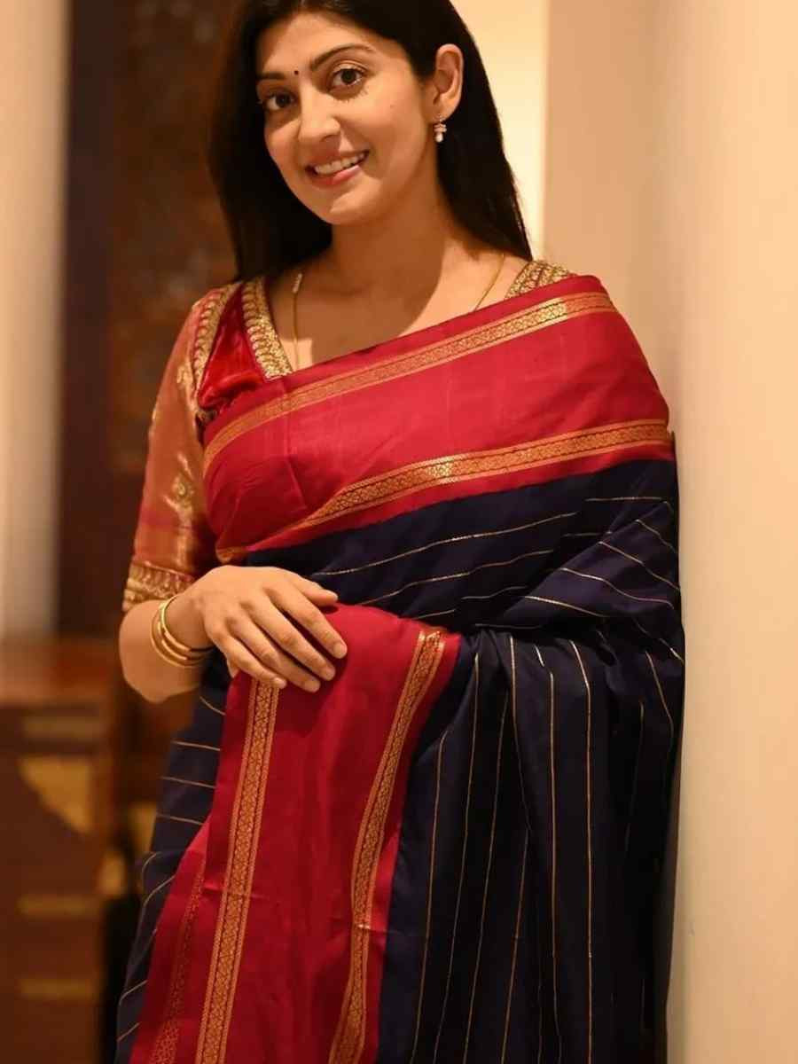 Navy Blue Banarasi Soft Silk Handwoven Festival Wedding Fancy Heavy Border Saree