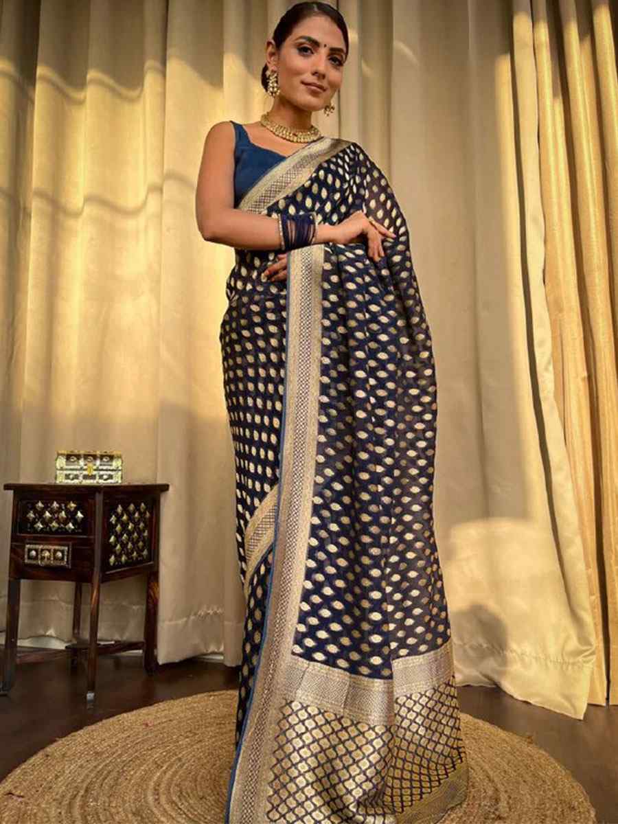 Navy Blue Banarasi Soft Silk Handwoven Wedding Festival Heavy Border Saree
