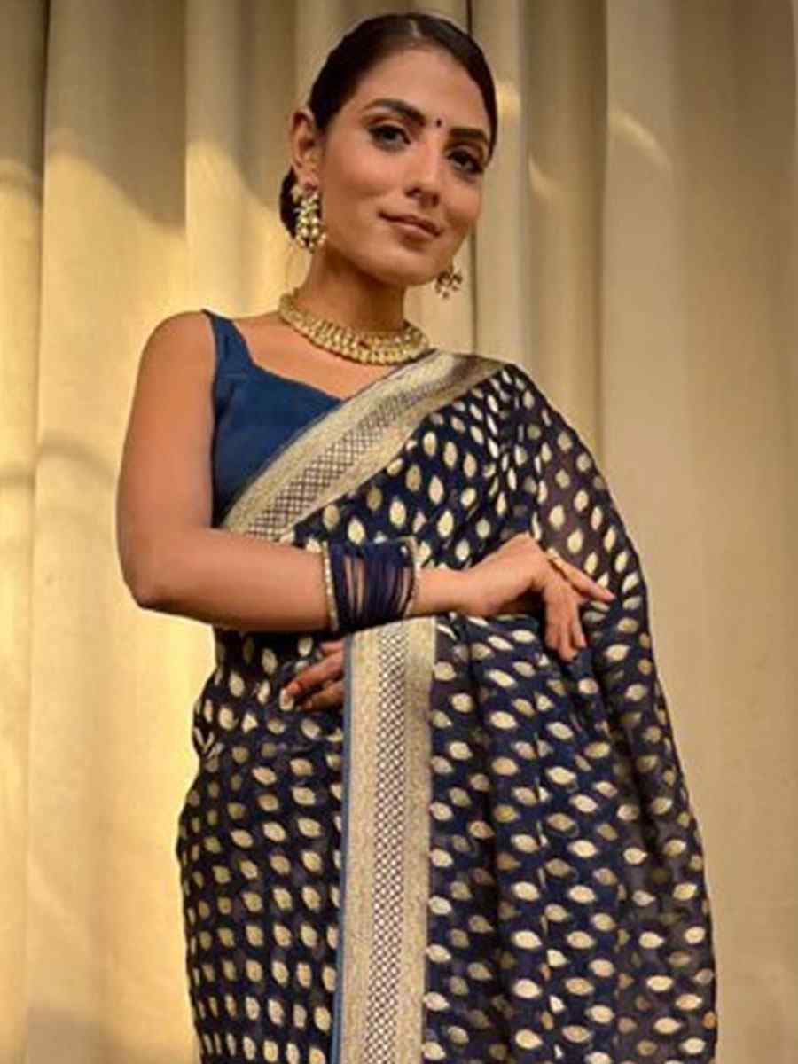 Navy Blue Banarasi Soft Silk Handwoven Wedding Festival Heavy Border Saree