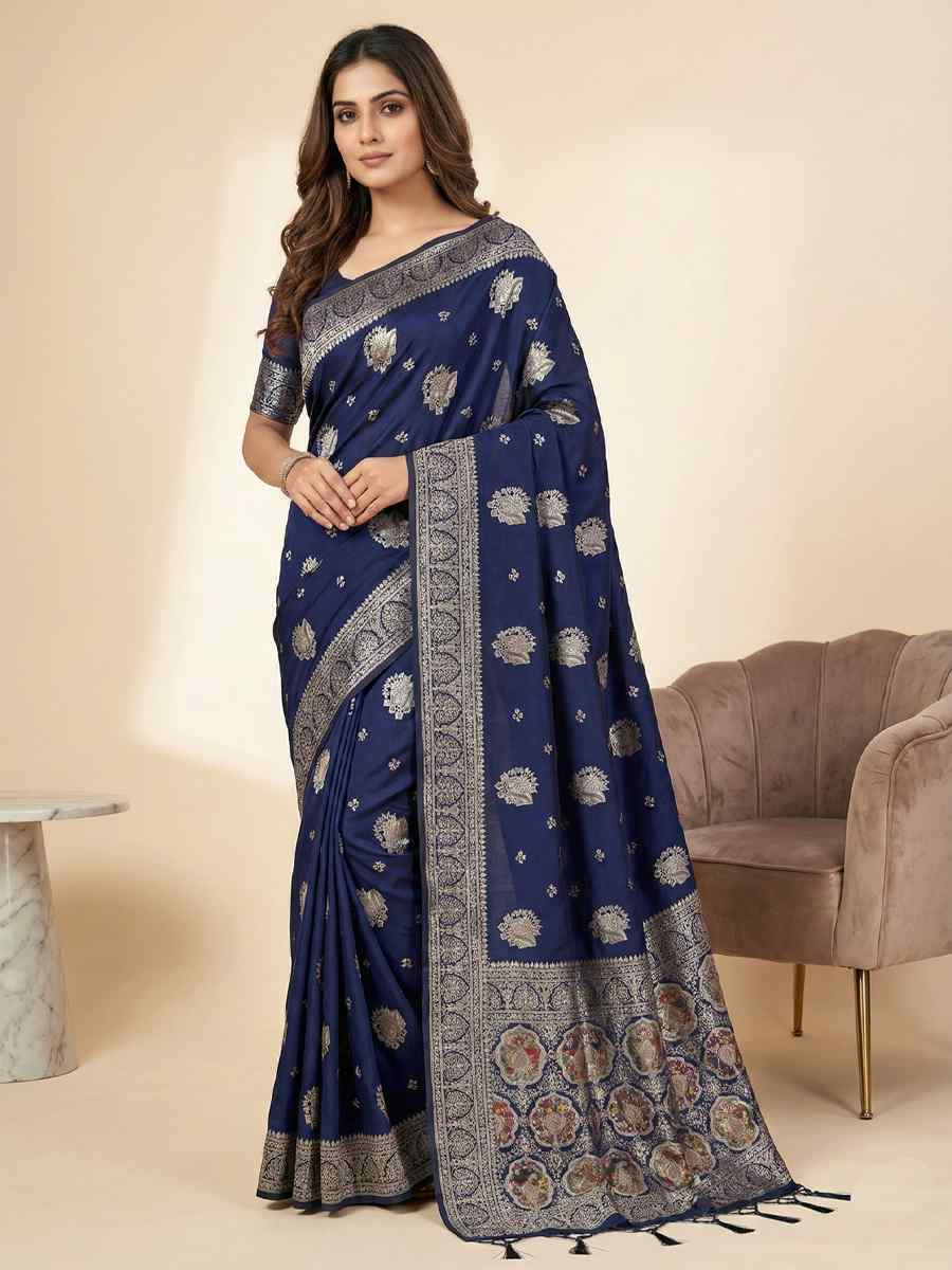 Navy Blue Banarasi Soft Silk Zari Handwoven Casual Reception Festival Wedding Fancy Classic Style Sarees