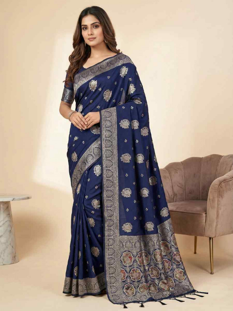 Image of Navy Blue Banarasi Soft Silk Zari Handwoven Casual Reception Festival Wedding Fancy Classic Style Sarees