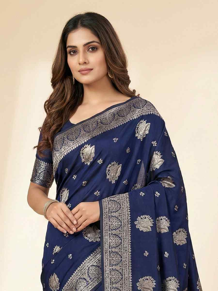 Navy Blue Banarasi Soft Silk Zari Handwoven Casual Reception Festival Wedding Fancy Classic Style Sarees