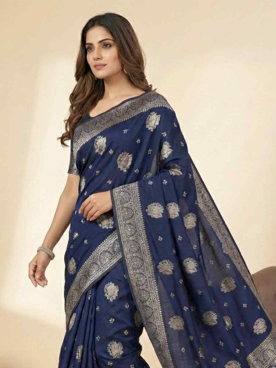 Navy Blue Banarasi Soft Silk Zari Handwoven Casual Reception Festival Wedding Fancy Classic Style Sarees