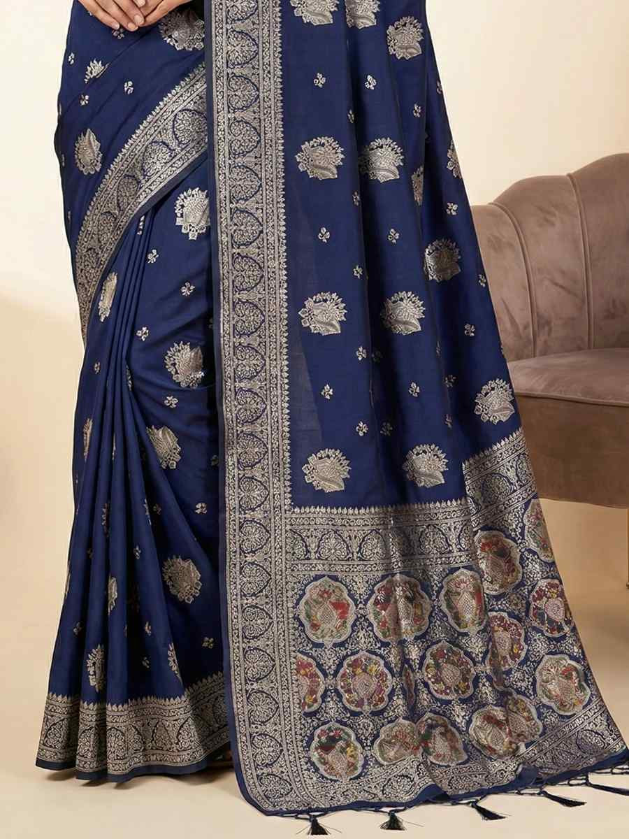 Navy Blue Banarasi Soft Silk Zari Handwoven Casual Reception Festival Wedding Fancy Classic Style Sarees