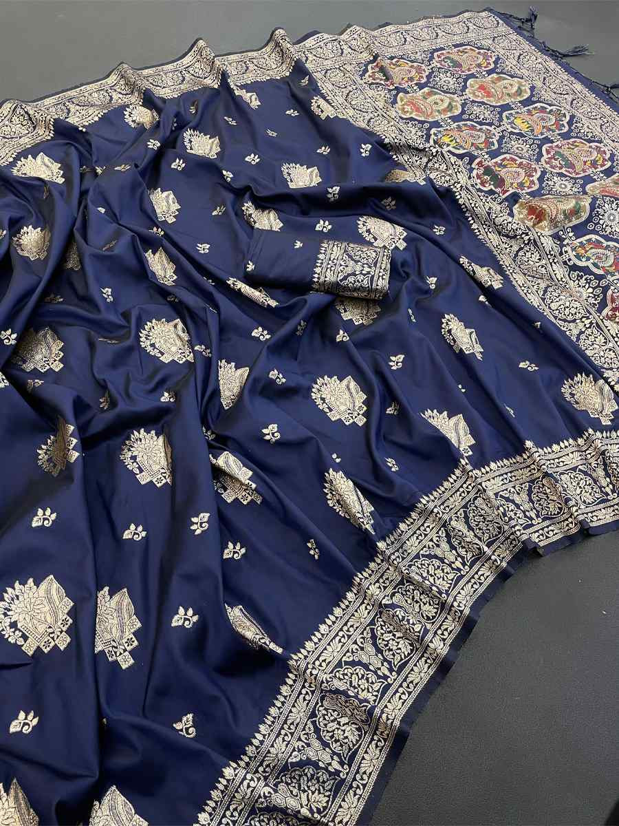 Navy Blue Banarasi Soft Silk Zari Handwoven Casual Reception Festival Wedding Fancy Classic Style Sarees
