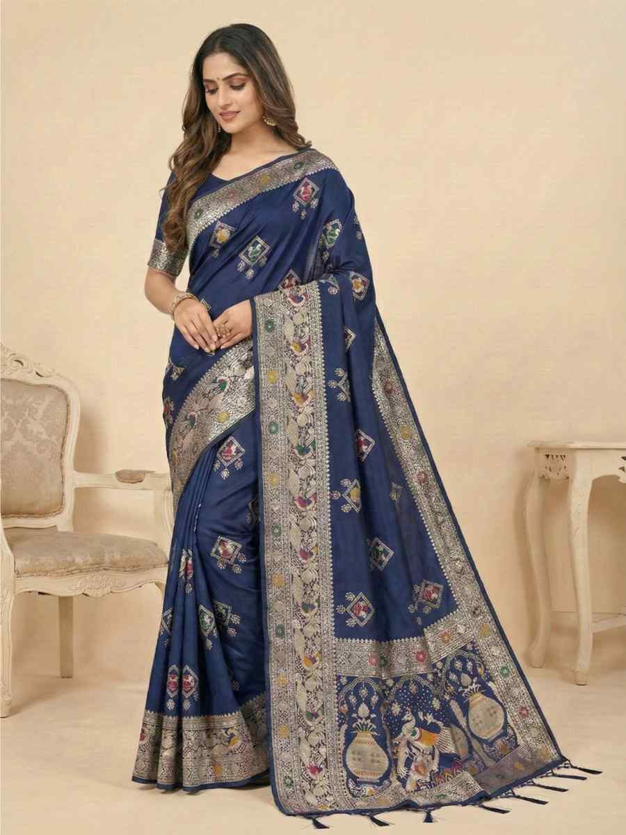 Navy Blue Banarasi Soft Silk Zari Handwoven Casual Reception Festival Wedding Fancy Classic Style Sarees